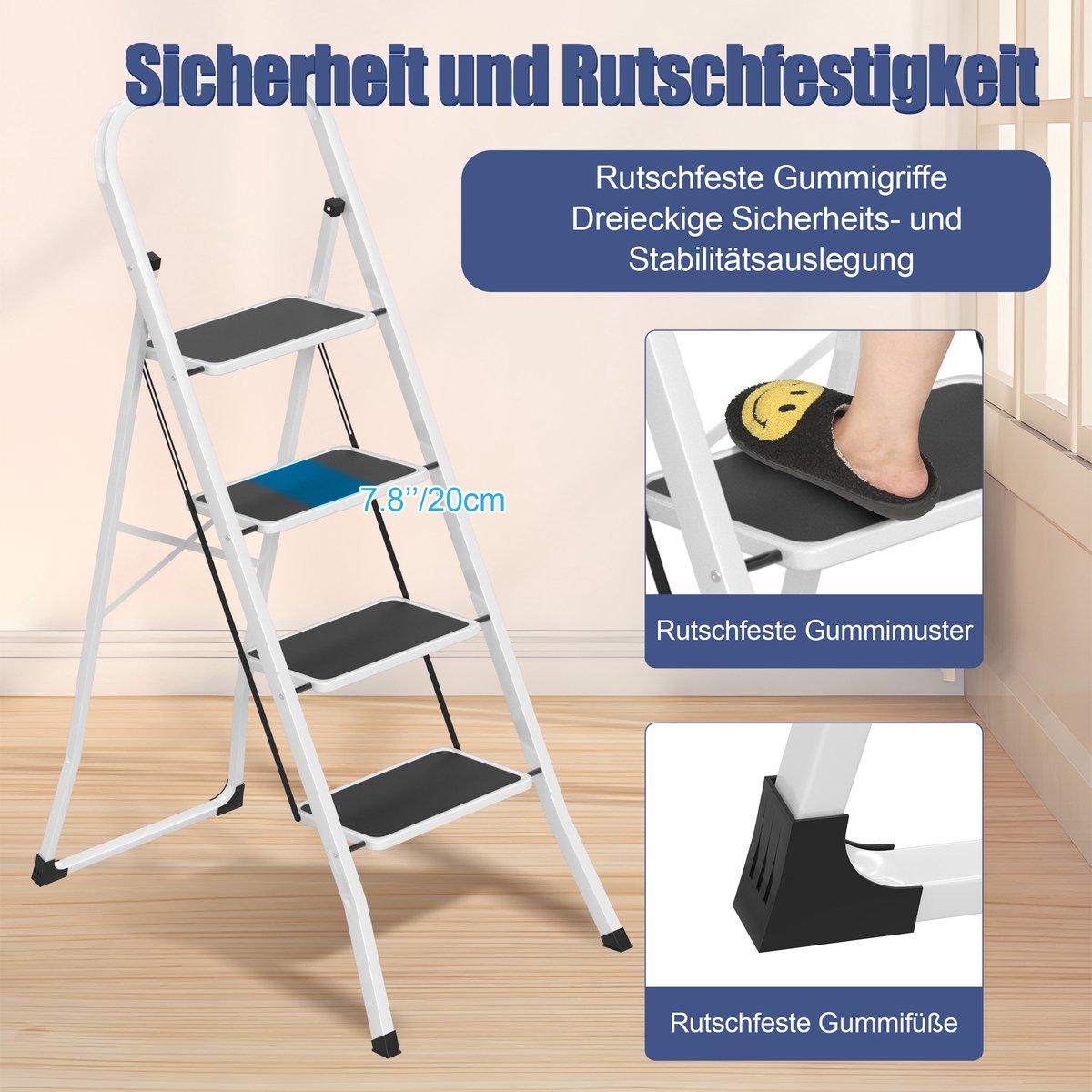Froadp 4-treden metalen ladder, klapladder, opstapje, antislip trapladder, multifunctionele ladder, opklapbare trap, opstapladder, sta-ladder tot 150 kg, zwart-wit – foto 3
