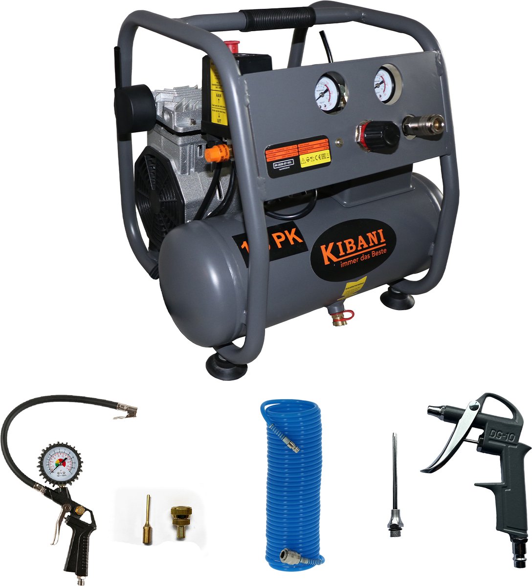 Kibani Super stille compressor 6 liter + luchtslang + luchtspuit + bandenpomp - SET - Compressoren - Luchtdruk - Luchtdrukgereedschap - Gereedschap - Luchtcompressor - 6L