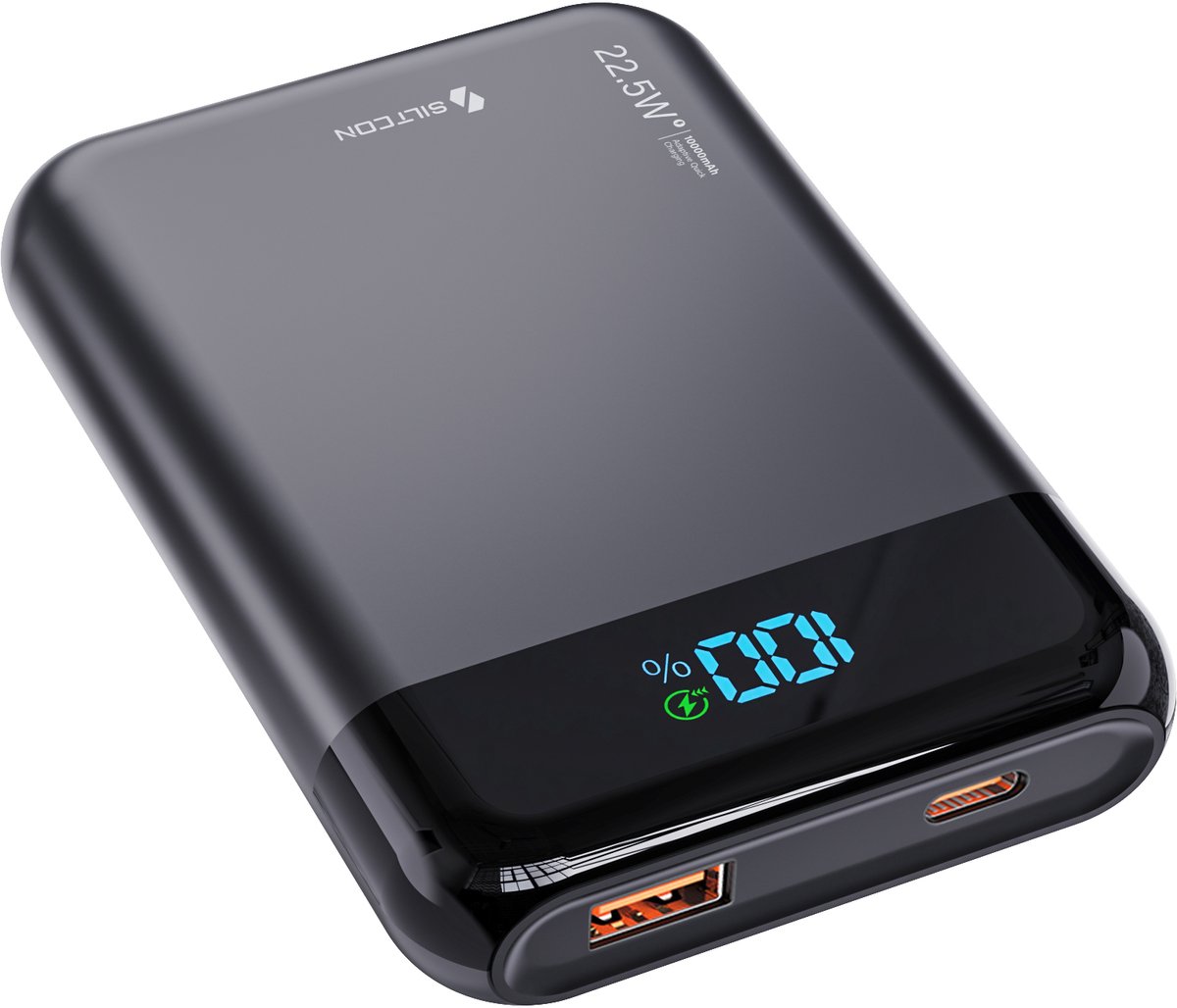 Siltcon® Ultra Compacte Powerbank 10000 mAh - 22.5W Snellader – USB-C / A - LED Indicatie - Noodpakket – Universeel voor Telefoons, Tablets & Meer– 2 Poorten - Zwart — afbeelding 1