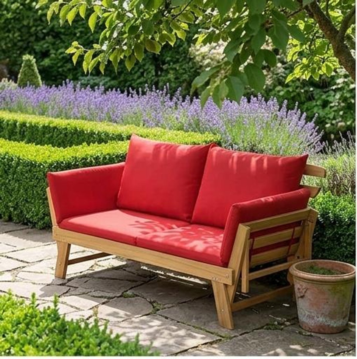 Tuinbank met Ligfunctie 198 x 75 x 75 cm – Acaciahouten Loungebank 2-Zits met Verstelbare Armleuningen, Inclusief Kussens, Uitklapbare Ligstoel voor Tuin, Balkon & Terras, Beige – Urbanhome