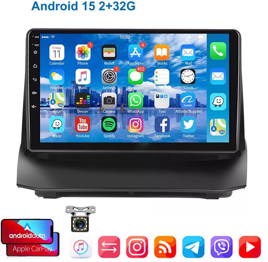 Android 15 autoradio met apps zoals Apple CarPlay, Android Auto, Spotify, YouTube en Facebook.