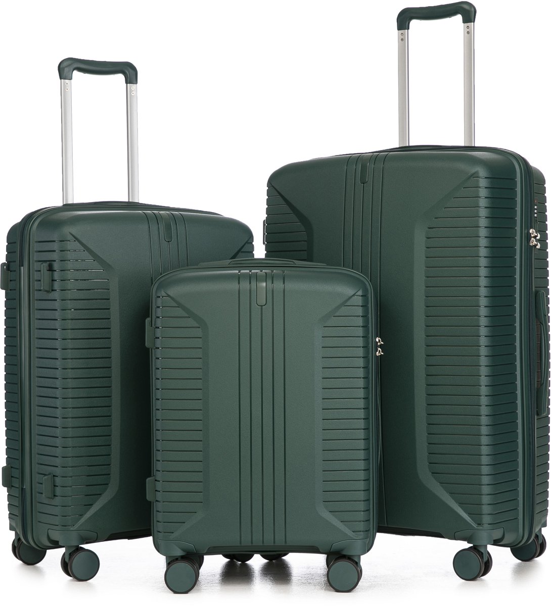 3-delige Kofferset –PP – 20 inch / 24 inch / 28 inch – Cijferslot – 360° Geruisloze Wielen – Lichtgewicht & Stevig – Modern Design - groen