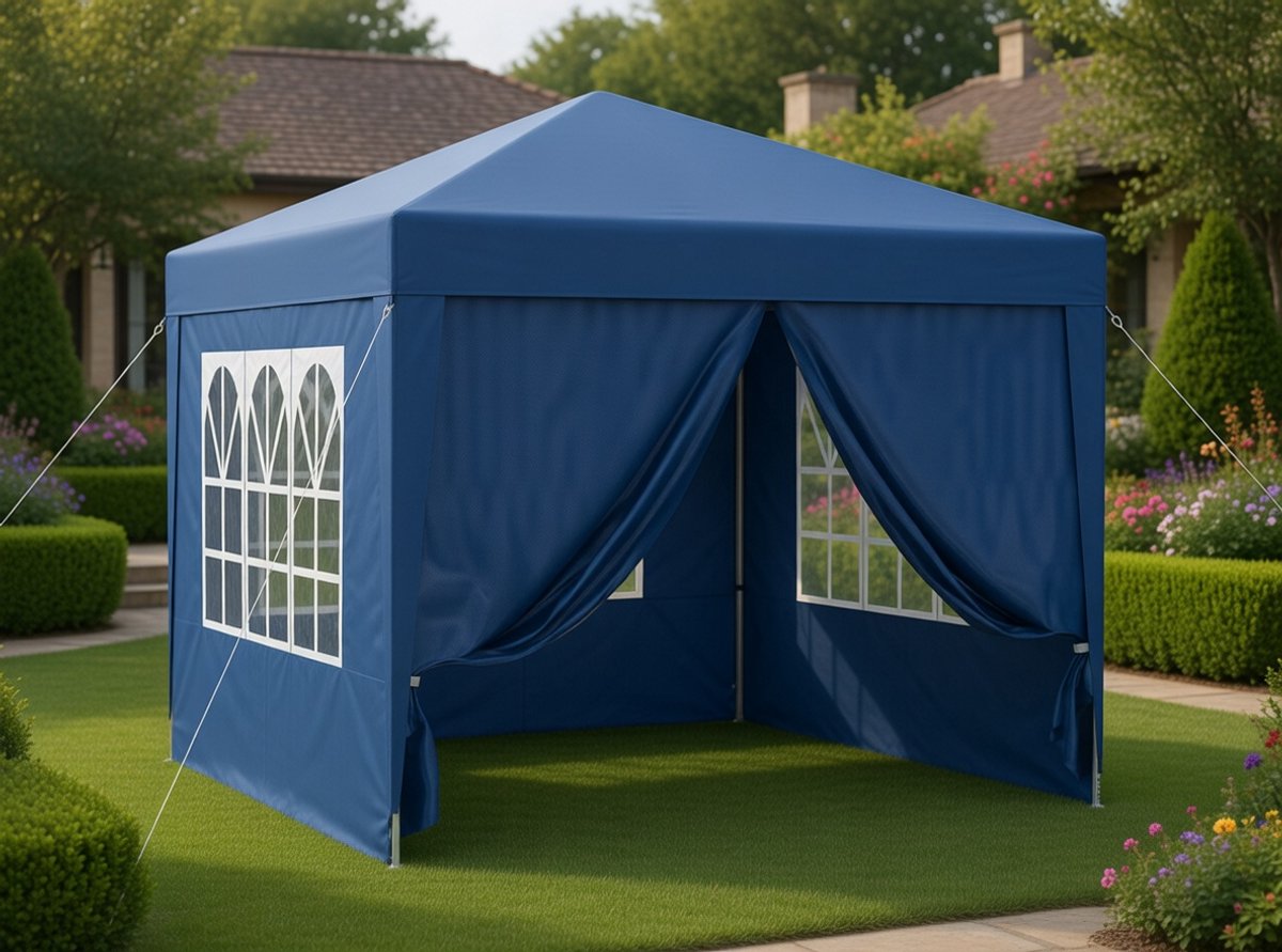 Premium 3x3m Blauw Tuinpaviljoen met UV 50+ Bescherming | Partytent met Afneembare Zijkanten en Ramen | Waterdicht Feesttent voor Tuin, Camping, Evenementen en Festivals MedahomeStore