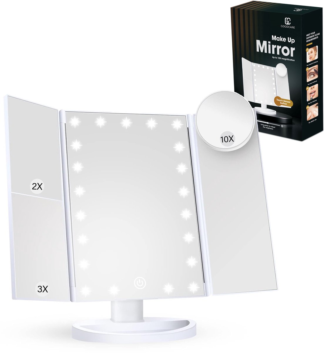 Goodcare Make up spiegel met Verlichting - 3 Vergrotingen - Staand - Reisformaat - Reisspiegel - Scheerspiegel - Makeup spiegel