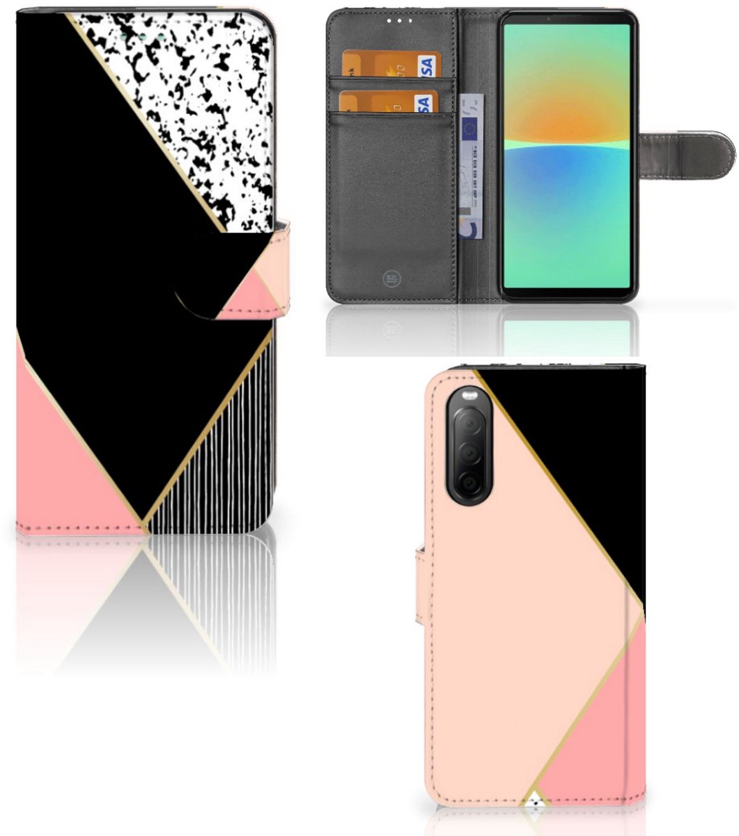 Sony Xperia 10 IV Book Case Zwart Roze Vormen