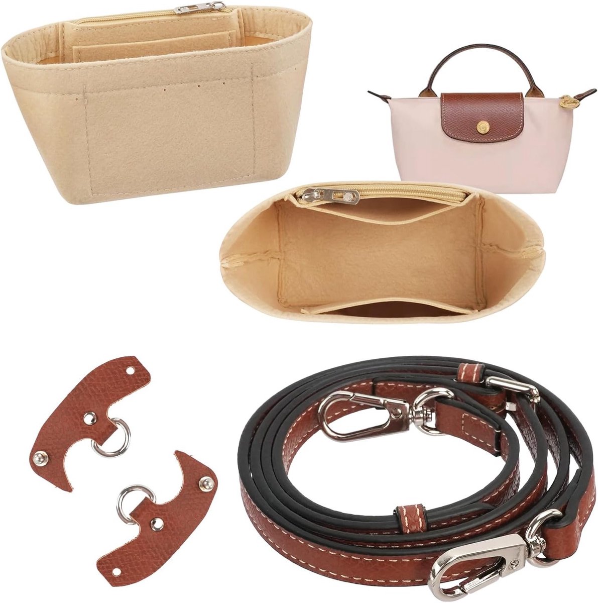 Handige mini tas organizer met verstelbare schouderband, beige vilt en 3 vakken voor optimale indeling
