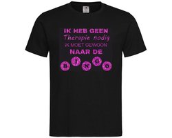 T-shirt Unisex Volwassenen Lol - carnaval - kermis - feestje - grappig - humor - Tekst "Ik heb geen therapie nodig Ik moet gewoon naar de BINGO" | korte mouw | Zwart/Lavendel GLITTER | maat 3XL
