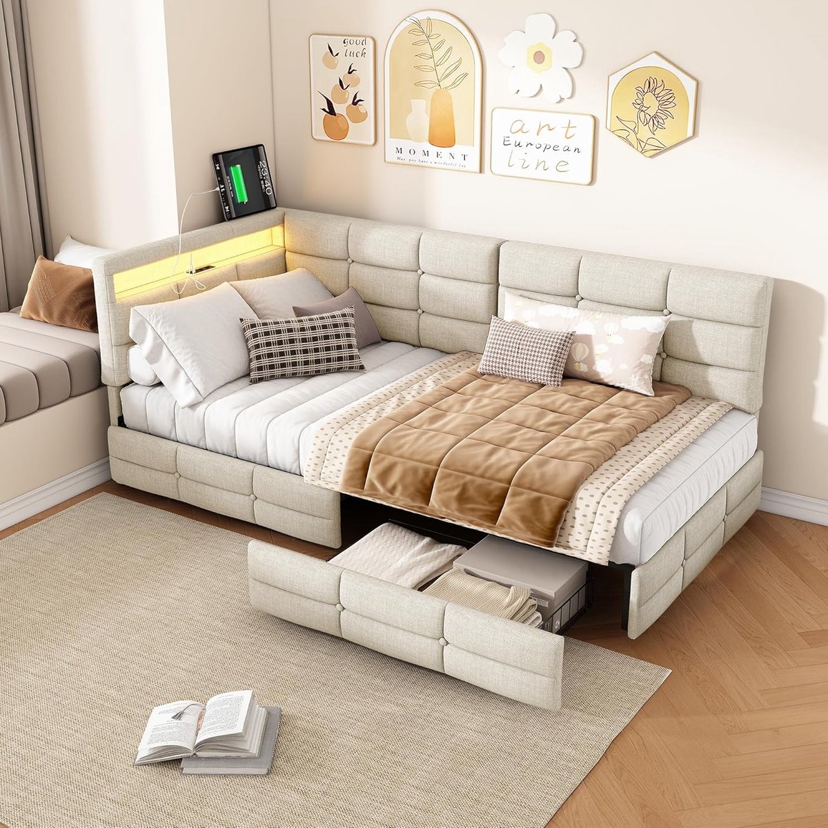 Slaapbank 90x200 cm met LED & USB, Gestoffeerd Bed met Lades en Lattenbodem – Modern Grijs Linnen Dagbed / Kinderbed / Logeerbed – Urbanhome