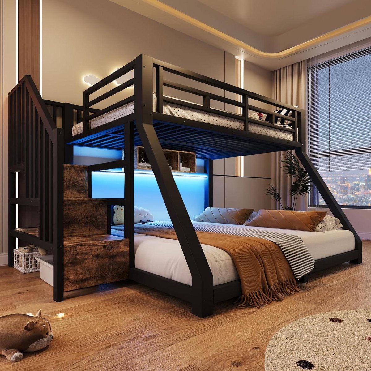 Stapelbed - Kinderbed Bunk bed - Ruimte Besparen - Met Opbergruimte - 90x200cm + 140x200cm - Zwart