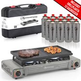 Réchaud de camping Hikemeister® double 2 foyers – 2x 2,2 kW – Incluant 8 cartouches de gaz & plaque de grill – Réchaud à gaz portable – Plaque de cuisson au gaz butane – Réchaud de camping - Avec mallette – Grijs