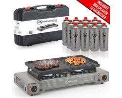 Réchaud de camping Hikemeister® double 2 foyers – 2x 2,2 kW – Incluant 8 cartouches de gaz & plaque de grill – Réchaud à gaz portable – Plaque de cuisson au gaz butane – Réchaud de camping - Avec mallette – Grijs