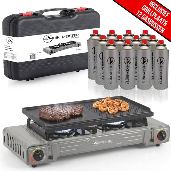 Hikemeister® Dubbel Camping Kooktoestel 2 Pits – 2x 2.2 kW – Inclusief 12 Gasbussen & Grillplaat – Draagbaar Gasstel – Butaangas Kookplaat – Campingkooktoestel - Met Koffer – Grijs