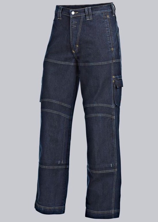 Pantalon de travail en jean bleu foncé, vue avant, avec poches latérales et poches cargo.