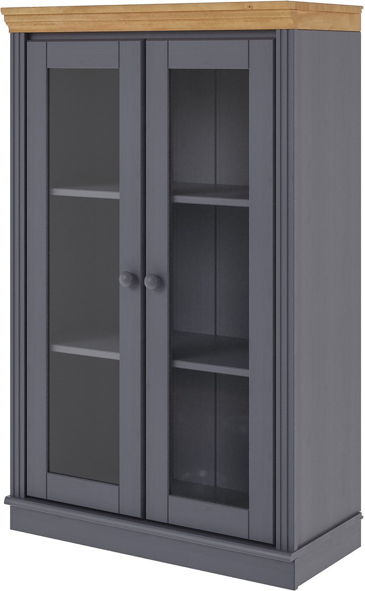 Notio Living Anita-Boekenkast laag met glazen deuren van dennen-greystain-was Grijs stain wax