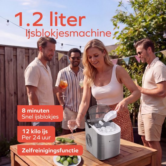 KitchenBrothers IJsblokjesmachine - 1.2L - IJsblokjesmaker - IJsschep - 12kg/24 uur - Draagbaar - Zelfreinigingsfunctie - RVS van KitchenBrothers — afbeelding 2