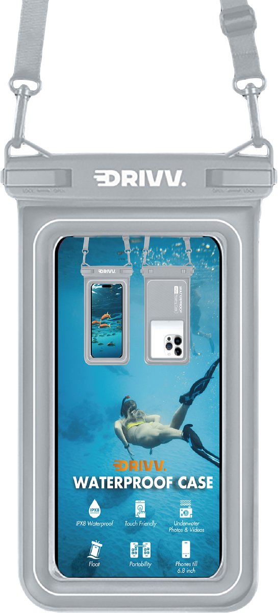 Drivv. Luxe Waterdicht Telefoonhoesje – Drijvend - Dubbele Klipsluiting - Telefoons tot 6.8 inch – Onderwater Hoesje Telefoon - Grijs