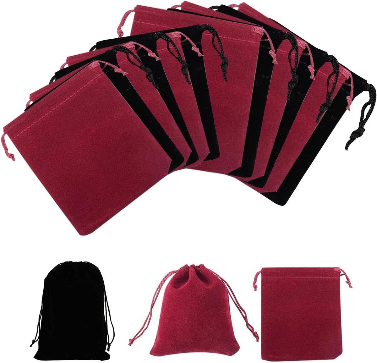 Set van 12 kleine fluwelen sieradenzakjes met trekkoord, ideaal voor geschenken en accessoires, 10 x 8 cm en 7 x 5 cm, zwart en wijnrood