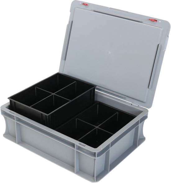 Alpac ProSort - Bac empilable avec couvercle - Bac de rangement - 2 bacs de tri amovibles - 8 compartiments - 400 x 300 x 140 mm - Gris/Noir