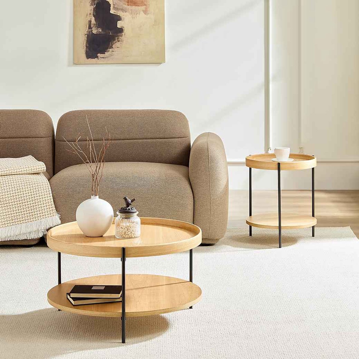NJLYUHOME Home - Ronde salontafel met 2 opbergniveaus - Ø69 x 38 cm - MDF met echthout fineer - Zwarte metalen poten