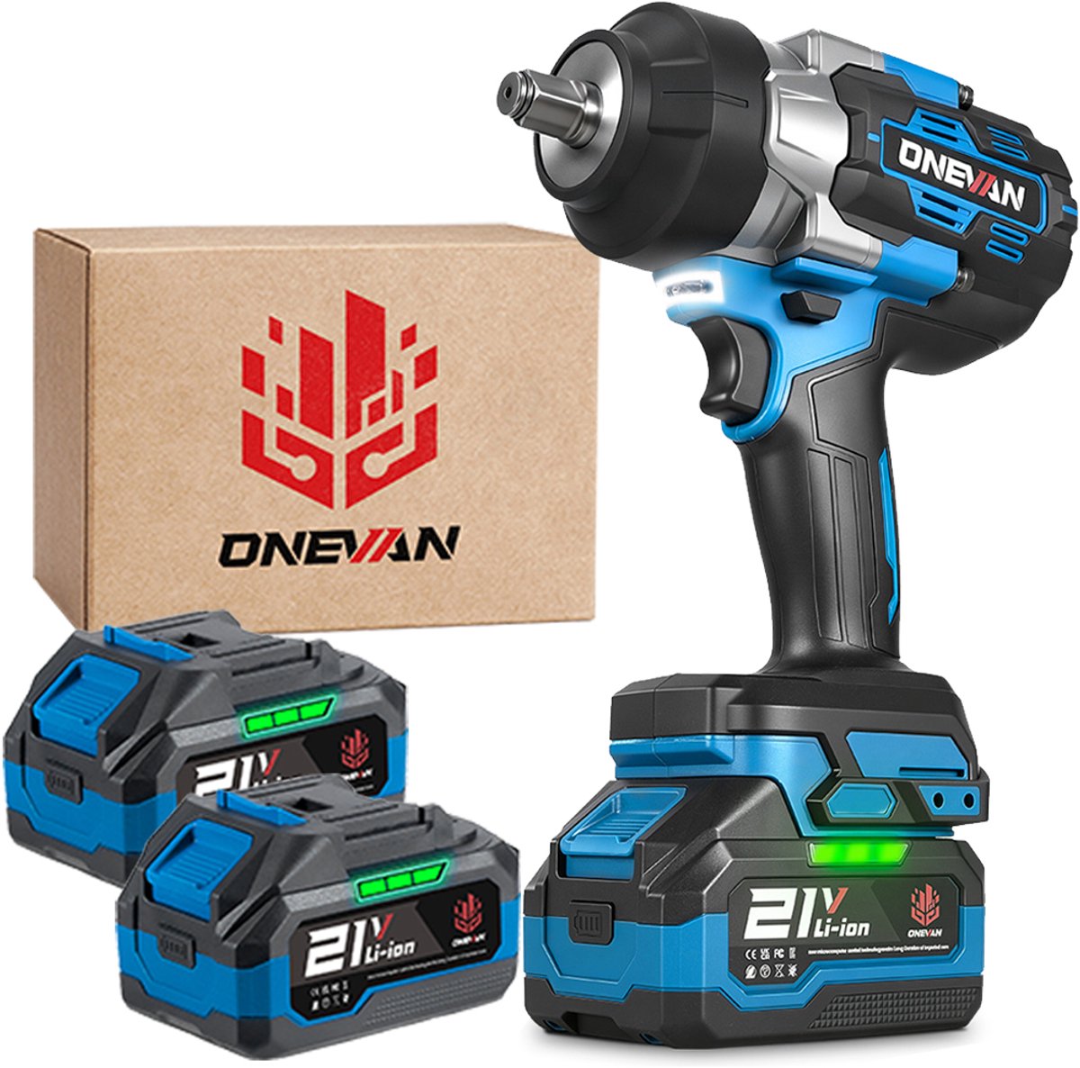 ONEVAN Accu Slagmoersleutel - 2800Nm Borstelloze Slagmoersleutel - met 2x 3.0AH accu’s - 1/2 inch Slagpistool - voor autobanden en Zwaar werk