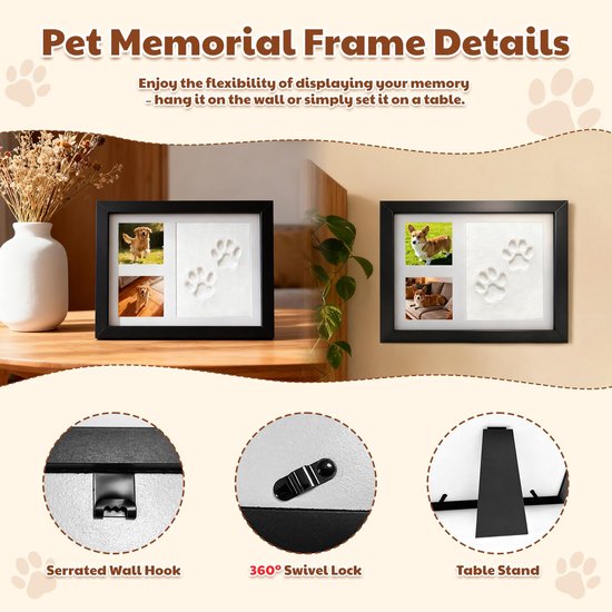 Fotolijst met pootafdrukken van hond en kat, gemaakt van klei, set met voetafdrukken voor baby's van 0-6 maanden, pootafdrukken van kat en hond, cadeaus om op te hangen of neer te zetten, zwart van Merkloos — afbeelding 3