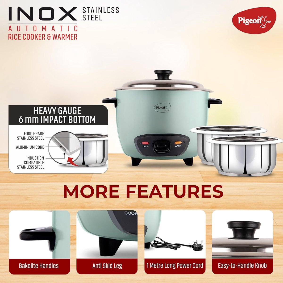 Pigeon Stainless Steel Automatic Electric Rice Cooker (Blue) (1L) thumbnail 3