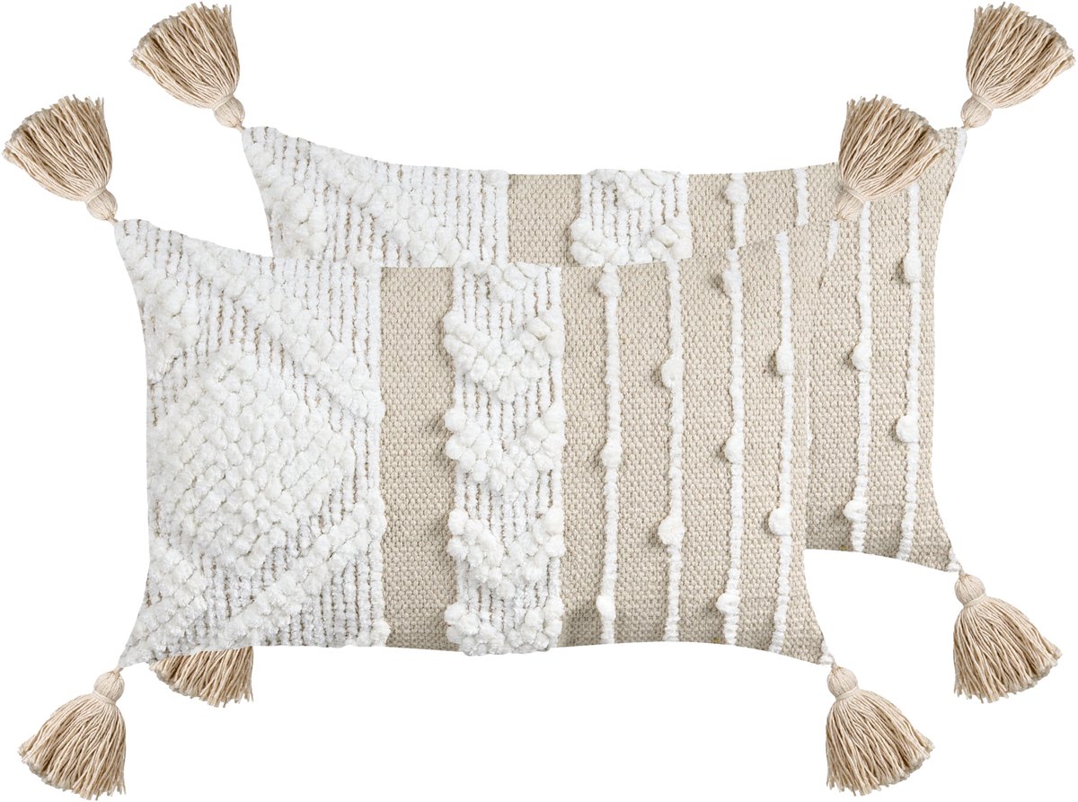 Beliani VALVARIA - Sierkussen set van 2 - Off-white - 30 x 50 cm - Katoen Wit