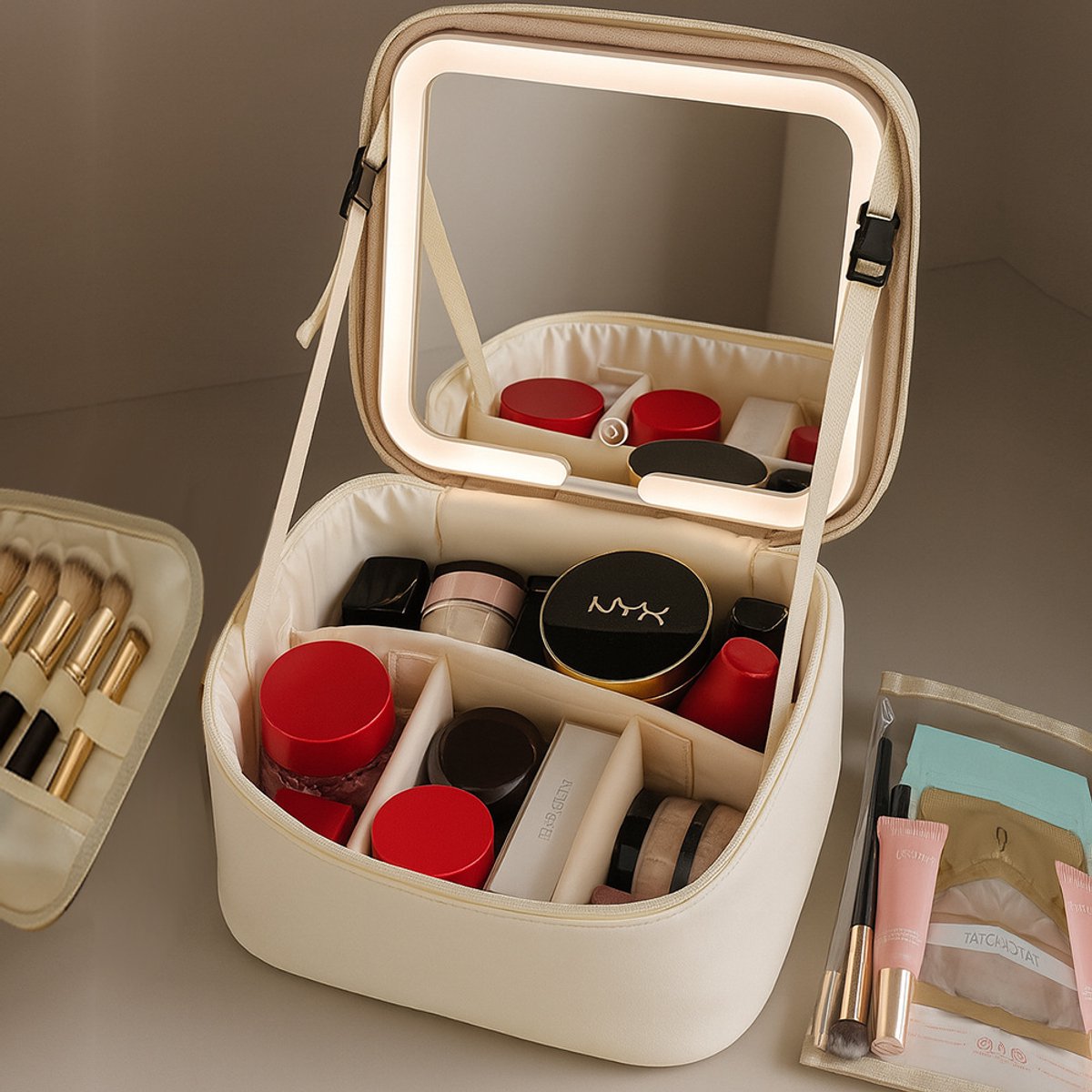 Make Up Tas - Met LED Spiegel - Luxe Make Up Tasje - Beautycase Tas - Beautycase Koffer - Dames en Meisjes - Reismake-up Koffer voor Dames - Make Up Organizer - Cosmetische Organizer Met Compartiment - Cadeau voor vrouw - Valentijnsdag — cadeau in Verzorging - foto 3