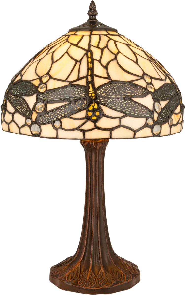 Tiffany tafellamp Libelle - Crème - Ø 30 cm - Glas in lood - Warm licht - Dragonfly - Klassiek | RORUVERA