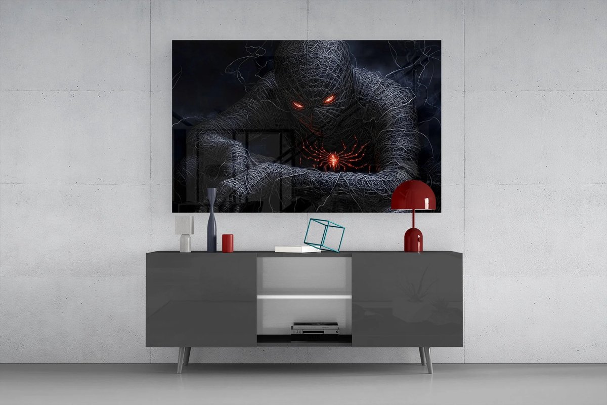 Insigne Art Glasschilderij Spider Stijl Kunst - Donkere Superhero Wanddecoratie - Moderne Design - 90 x 60 cm Zwart