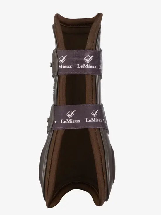 Bruine peesbeschermer met twee grijze klittenbanden met merklogo.
