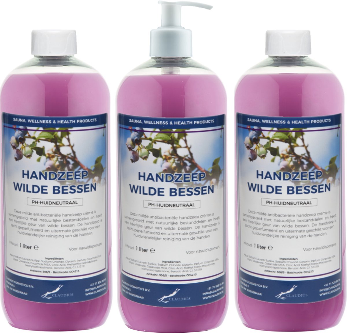 Handzeep Wilde Bessen 1 liter - set van 3 stuks - met gratis pomp - Voordeelverpakking