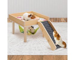 MEWTOGO Cavia-hangmat met platform, veilige houten cavia-schuilplaats met trap, duurzaam klein huisdierbed voor biggetjes, chinchilla, rat, hamster, konijn (enkele hangmat)