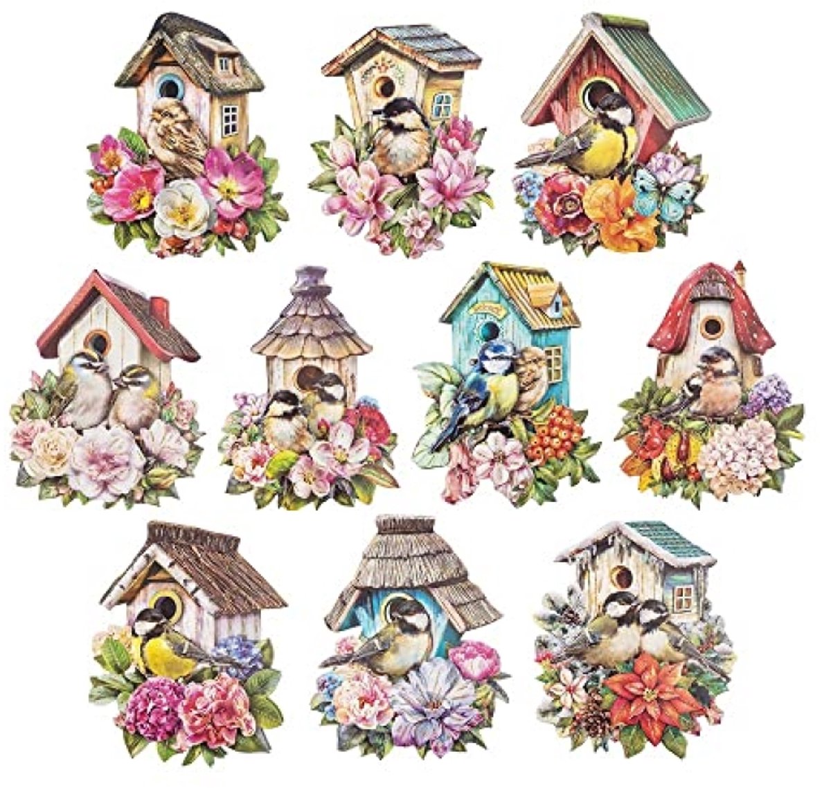 Set van 10 driedimensionale knutselmotieven - Vogelhuisje thema - Kant-en-klare decoratie-elementen