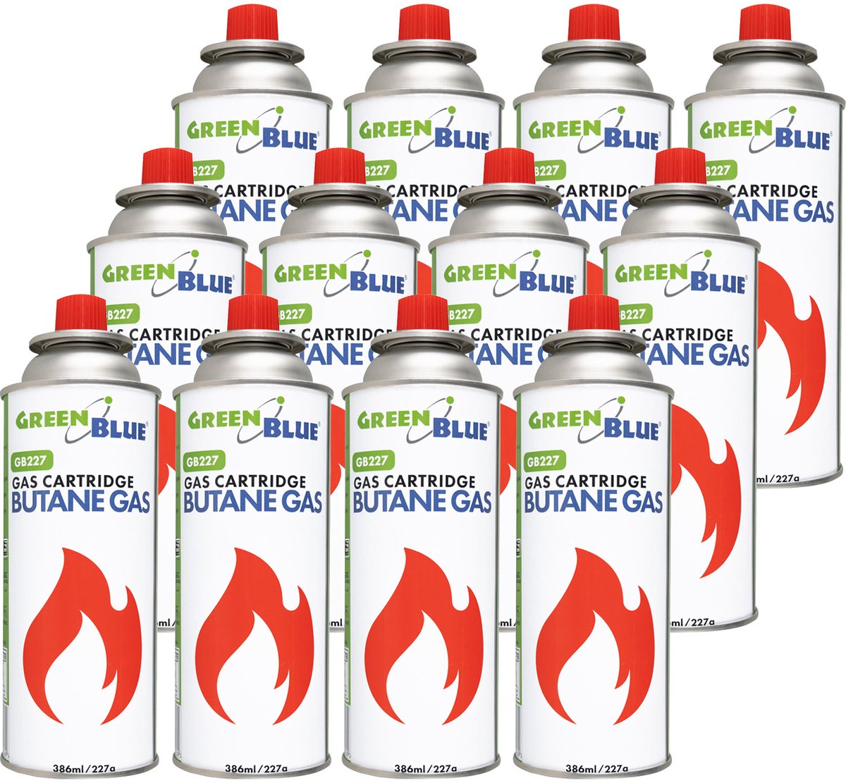 GreenBlue - Gasflessen 12 stuks - Gaspatroon van 227 g. Certificaat: Pi 0875, voldoet aan de norm EN417, butaan, gebruiksbereik -10 °C tot +40 °C, GB227