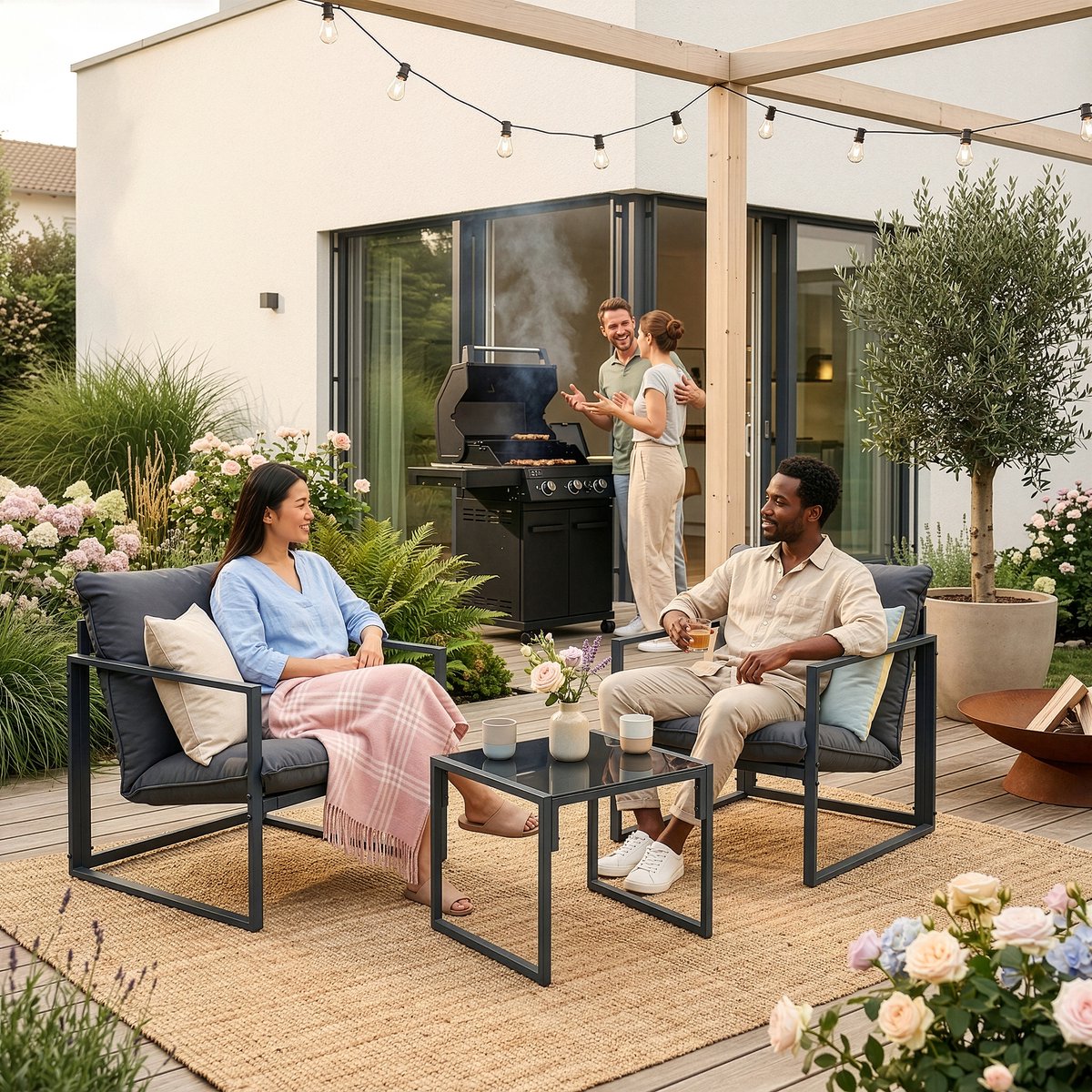 Tuinset Karg 3-delige loungeset tafel met 2 stoelen donkergrijs en zwart casa.pro