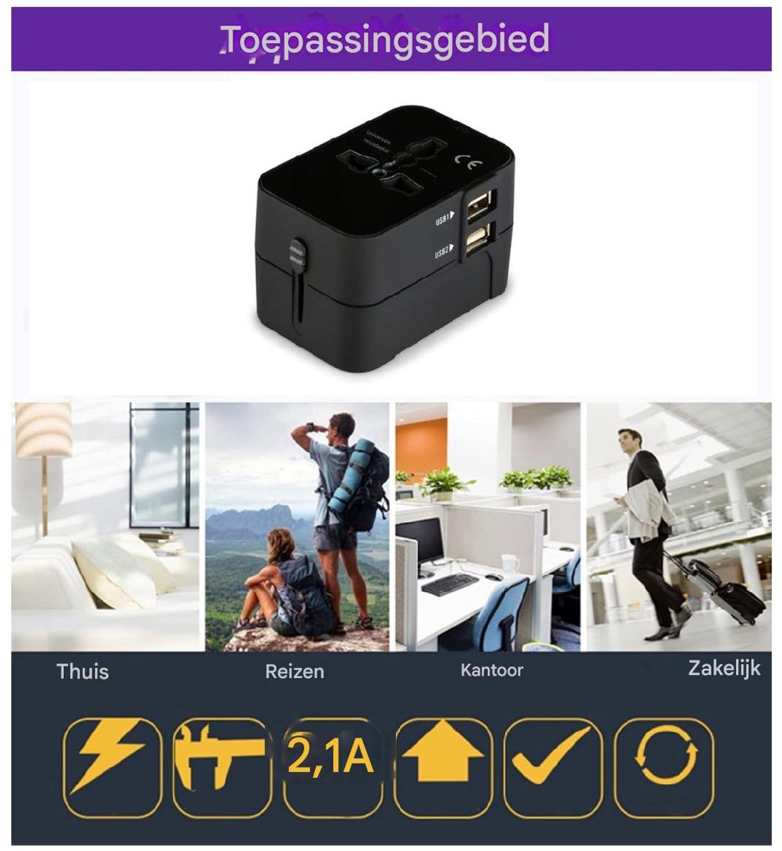 GELLDG Wereldstekker - Universele Reisstekker met USB-C en USB-A - 79.4x41x52.9mm - Oververhittingsbeveiliging, Compact en Makkelijk Op te Bergen - Kunststof - Zwart — cadeau in Gadgets - foto 7