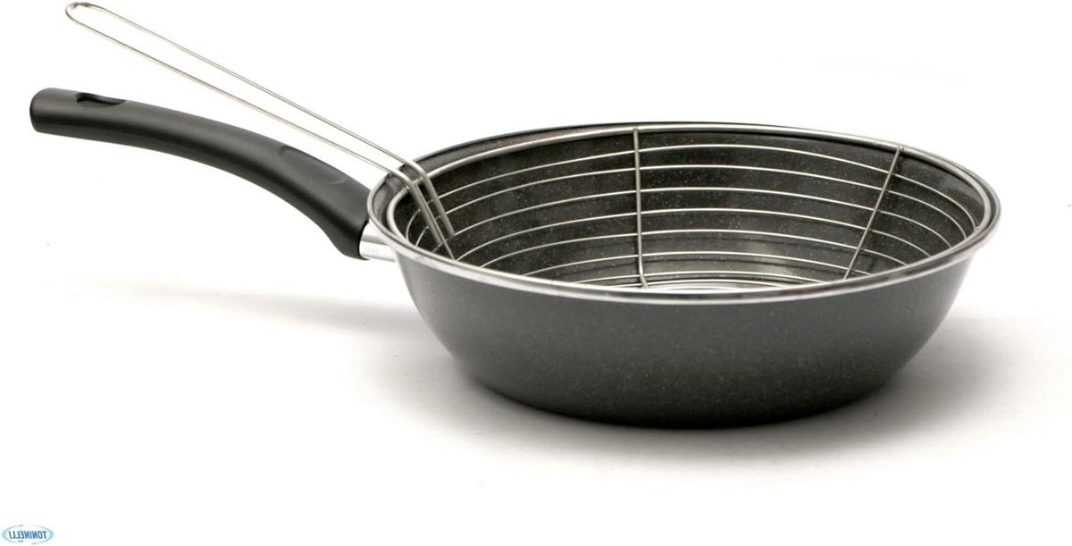 Friteuse met mand - Pan met mand - Frituren thuis - Geëmailleerd staal - 26 cm - Grijs