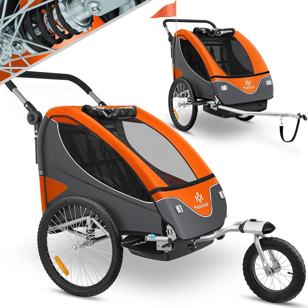 Kinderfietskar - Jogger Aanhanger - Veilig Vervoer - Dubbele Vering - 160 x 75 x 90 cm - Oranje