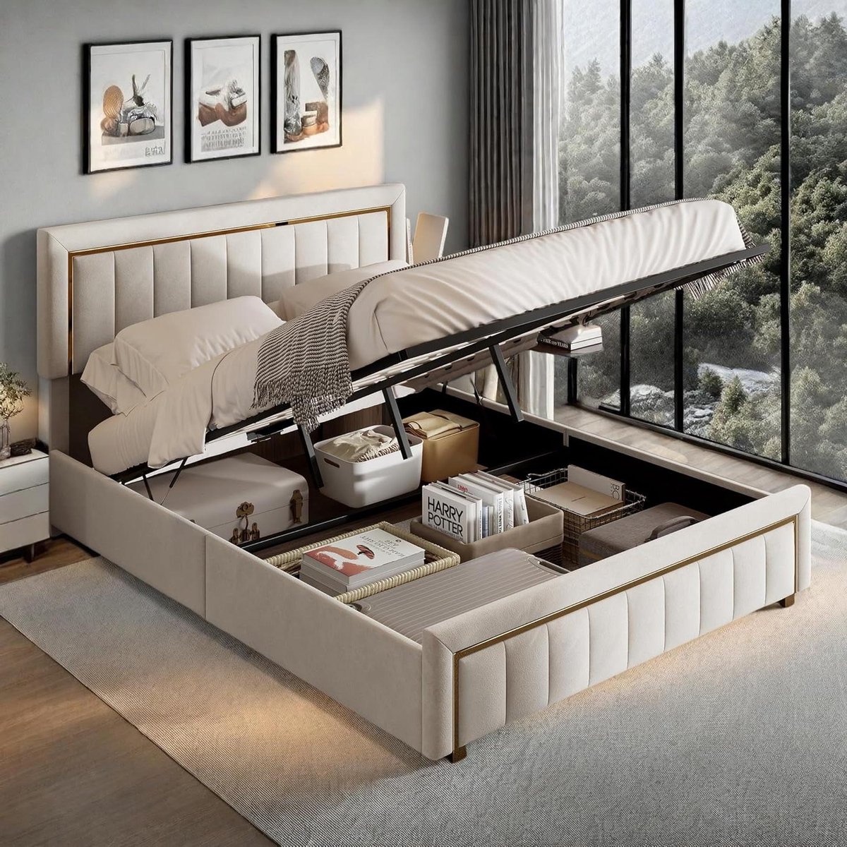 Gestoffeerd bed - Tweepersoonsbed met opbergruimte - Slaapkamer inrichten - Gouden frame h