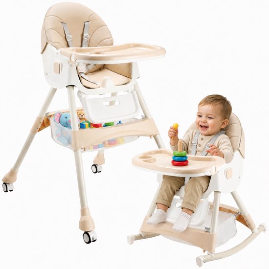 ComfyKidz® Inklapbare 4 in 1 Kinderstoel met Schommelfunctie - Met Voetensteun - Meegroeistoel met Opbergmand - 0 tot 5 Jaar - Kinderstoeltje- Peuterstoel - Baby Eetstoel met Wieltjes - Beige