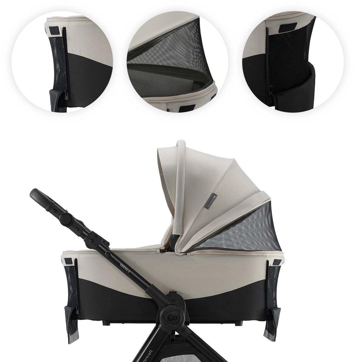 Kinderkraft VESTO 2 – 3-in-1 kinderwagen – Accessoireset + adapters – Reiswieg 3-zone ventilatie – Omkeerbare zitting – Beige thumbnail 2