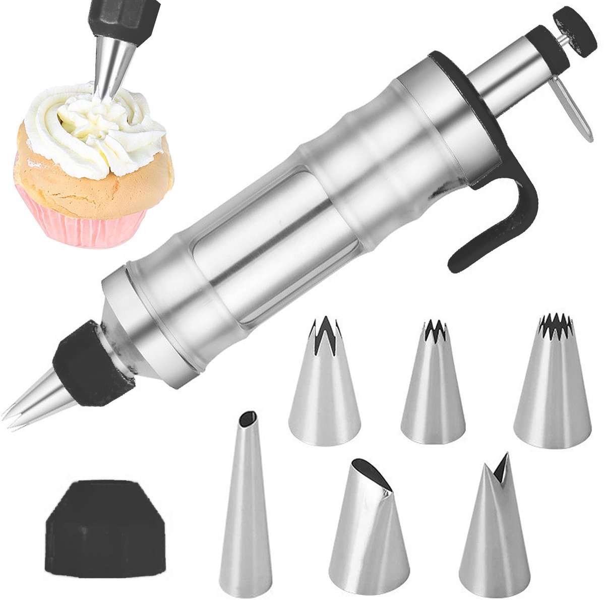 carmdering - Garnituren Spuit - Decoratie Pistool - Bakgerei Set - Eénhandige Bediening - 6 Uitwisselbare Mondstukken - Roestvrij Staal 304 - Transparant Ontwerp - Hygiënisch Gebruik - 7 Delen