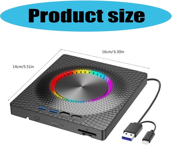 Externe CD/DVD Brander - Draagbare Drive Optische Drive - Gegevens Back-up - Meerdere Poorten - 140x160MM - Zwart — afbeelding 5