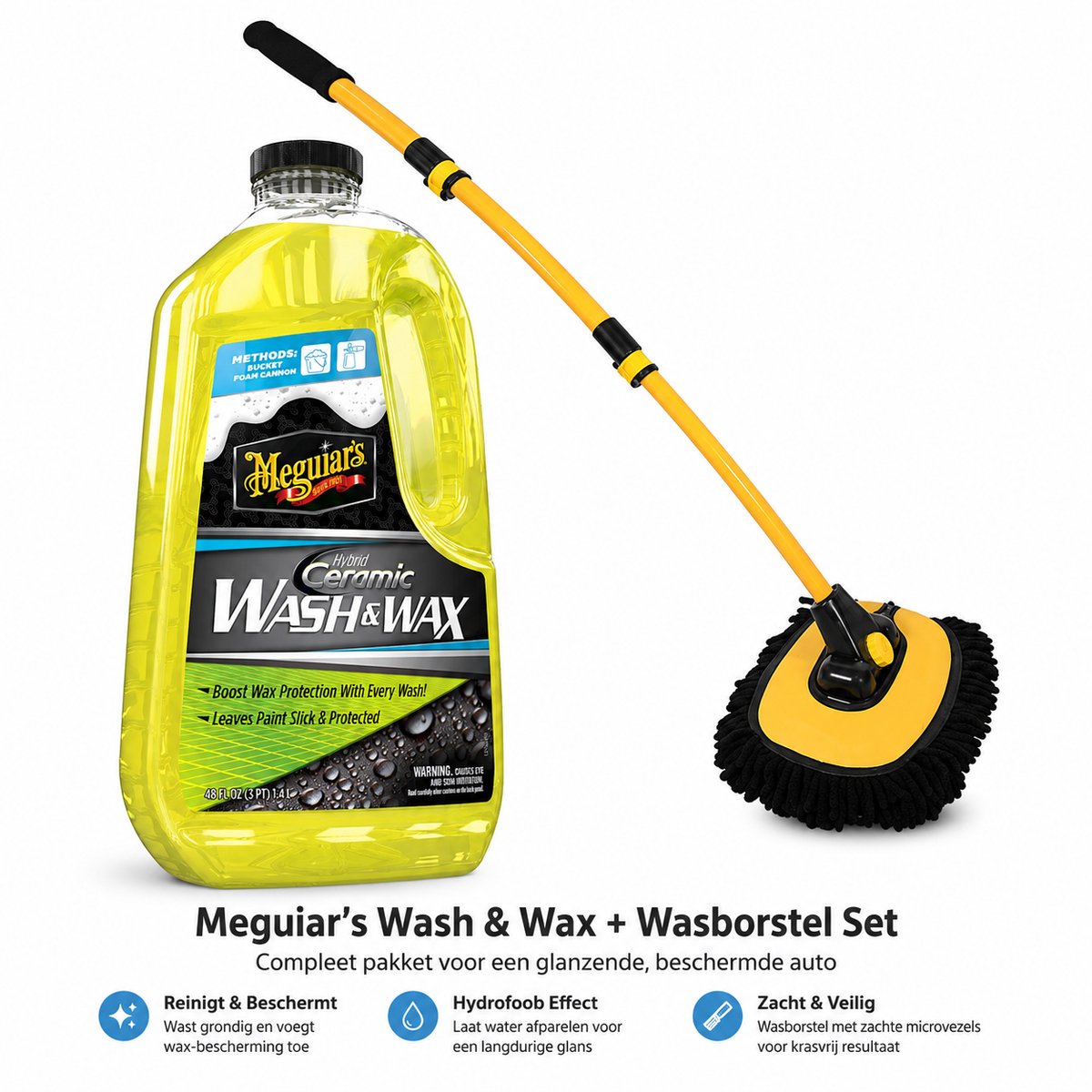 Meguiar’s Hybrid Ceramic Wash & Wax + Uitschuifbare Microvezel Wasborstel – Complete Krasvrije Autowas Set