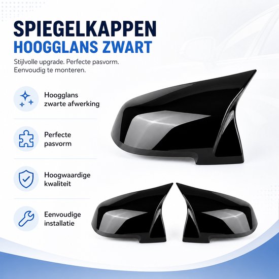 Twee hoogglans zwarte spiegelkappen met gestroomlijnde vorm.