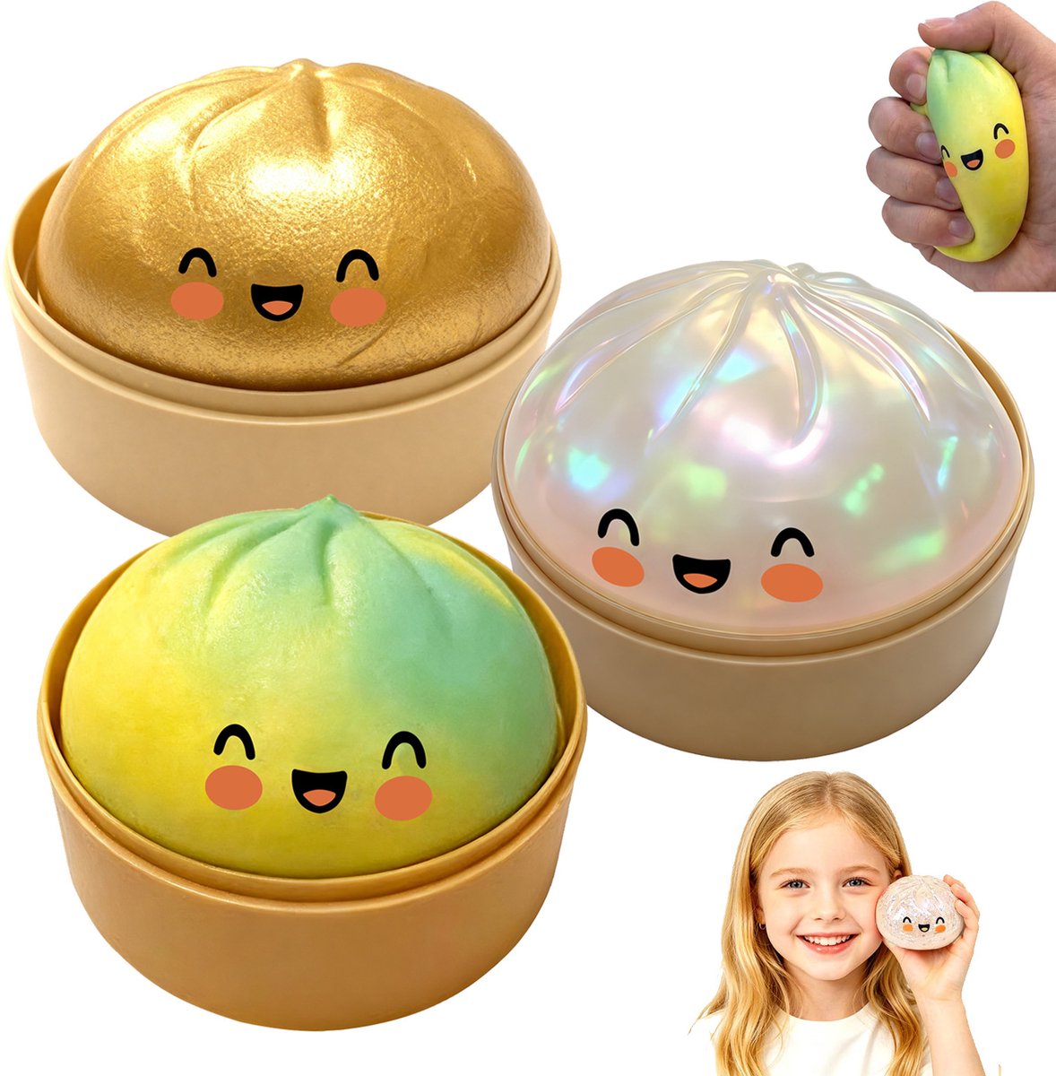 Dumpling squishy stressballen 3 Stuks - Glitter Dumpling stress fidget - Sensorische stressbal knijpspeelgoed - Stressverlichtende cadeaus voor kinderen en volwassenen