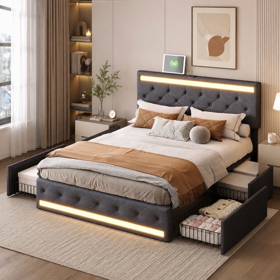 Tweepersoonsbed 140x200 cm, bed met led- en usb-poorten, opbergbed met 4 lades, volwassenenbed met verstelbaar gestoffeerd hoofdeinde, bedframe met lattenbodem, linnen, donkergrijs.