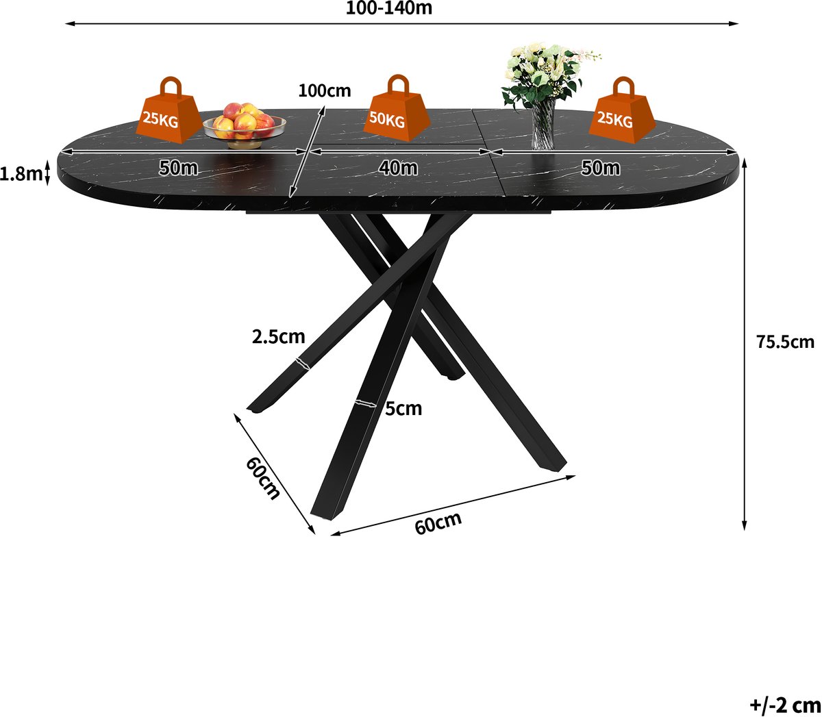 5-delige Eettafelset met Ronde Uitschuifbare Tafel (100-140 cm) en 4 Beige Velours Stoelen - Eetkamer Set - Moderne Eettafel voor 4-6 Personen met Praktische Uitschuiffunctie – foto 6