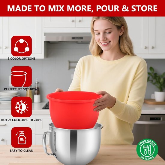 Siliconen Kom Voering - Mixer Kom Deksel - Keuken Mixer Gebruik - Voedselveilig Hittebestendig - 5 Quart - Zwart Rood Grijs van Merkloos — afbeelding 5